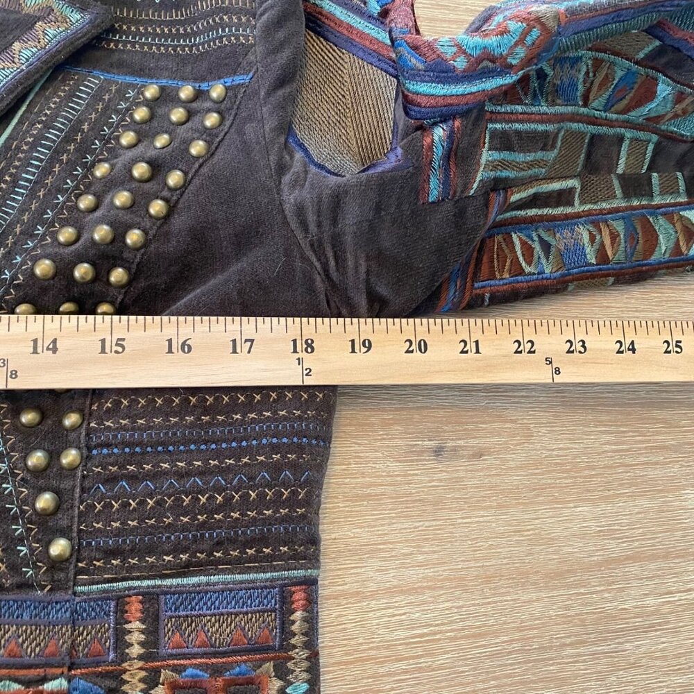 Pamela McCoy Coat Women's Brown Sz M Embroidered Studded Boho Ecletic Mid Length - Picture 15 of 16
